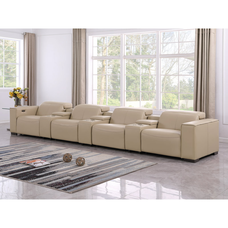 Luxueux canapé inclinable électrique en cuir véritable 7 pièces avec 5 fauteuils inclinables et électriques, Beige