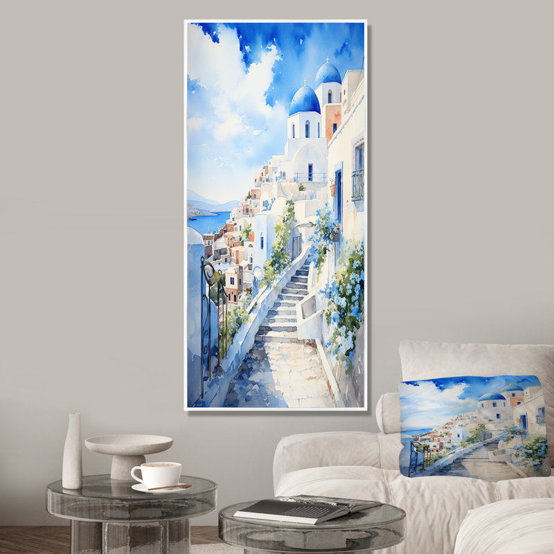 "Village côtier des îles grecques III", H 32 po x l 16 po x P 1 po, Cadre flottant blanc