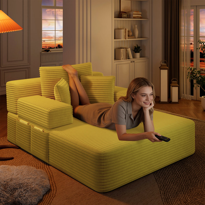 Chaise longue moelleuse en velours côtelé jaune avec 3 coussins de rangement sans cadre