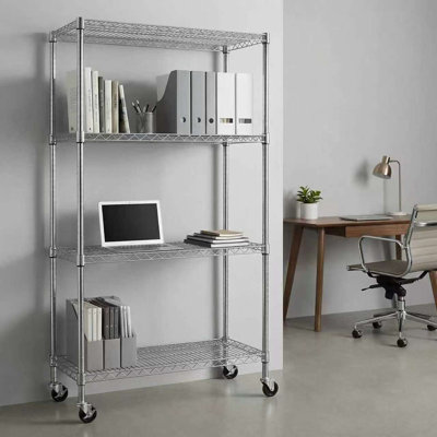 Étagère grillagée à 4 niveaux avec roulettes, l 35,43 po x P 17,72 po x H 66,54 po, chrome