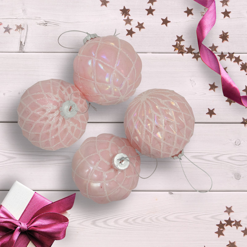 Glittered Geometric Iridescent Glass Ball Christmas Ornaments - 3" (80Mm) - Pink - 4Ct