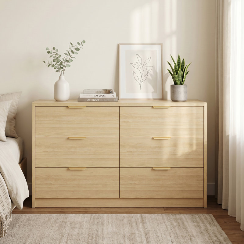 Six-Drawer Double-Row Chest of Drawers, Modern Style White Textured Chest, Natural wood