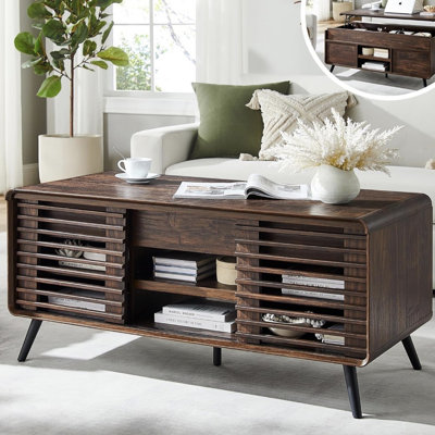 Redlemon 48" Lift Top Mid Century Coffee Table With Slatted Sliding Door And Hidden Storage