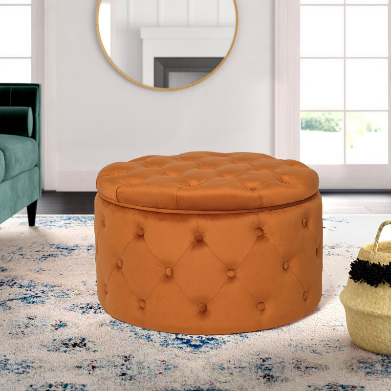 Orange Velvet Tufted Round Cocktail Ottoman with Storage