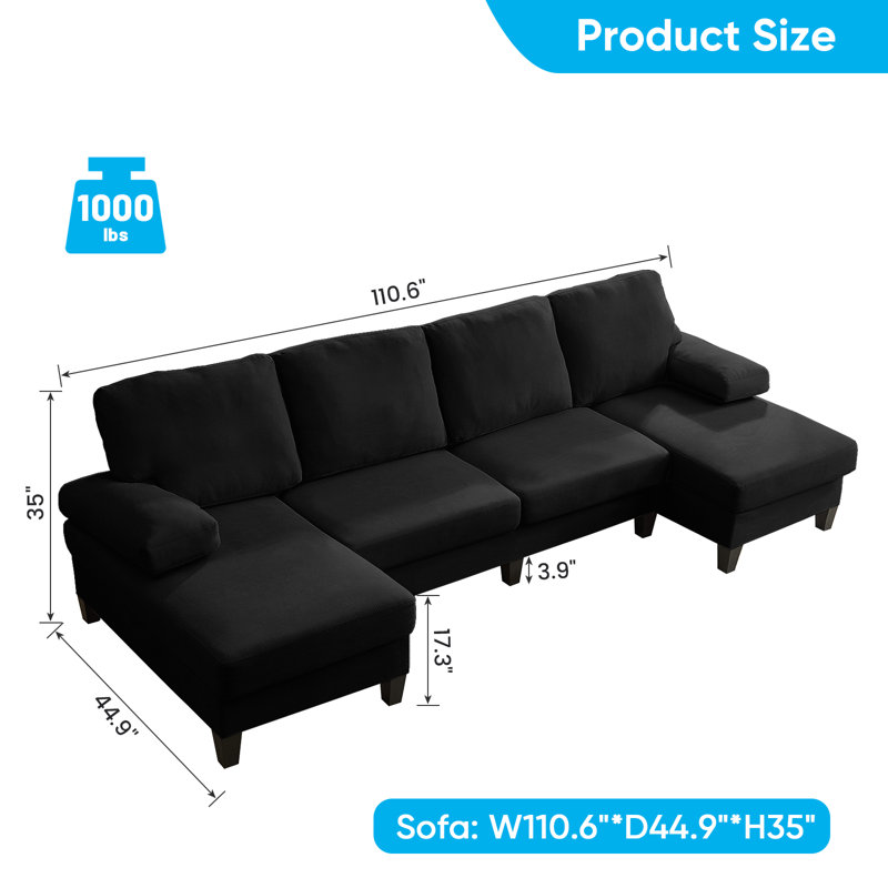 Canapé modulaire en velours côtelé 110 po avec 2 repose-pieds en mousse haute résilience, pieds en bois, conception à 4 sièges