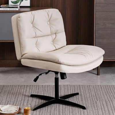 Fauteuil de bureau / coiffeuse de bureau de grande taille sans accoudoirs - Cuir beige, hauteur réglable, pivotant à 360 °, inclinaison de 105 ° à 120 °, sans roulettes - moderne Mid-Century pour le salon, la chambre à coucher ou le bureau