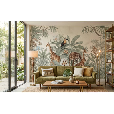 Tropical Safari Animal Wallpaper Mural with Giraffes Leopard and Toucan