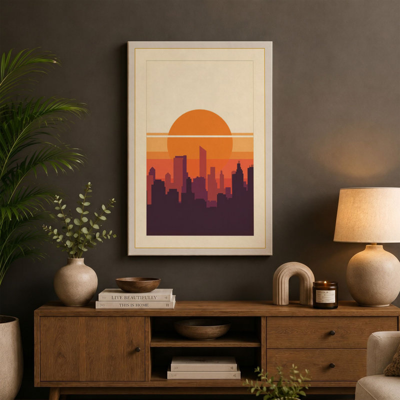 Cityscape at Sunset Retro - Wrapped Canvas, 24x16 - 61.0 x 40.6 cm, Cream Border