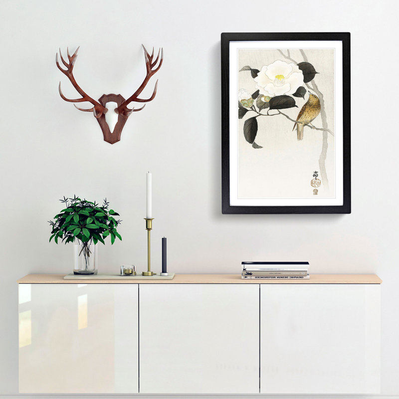 Songbird & Flowering Camellia by Ohara Koson - Picture Frame Painting Print, Black Framed, 36cm H x 27cm W x 2cm D