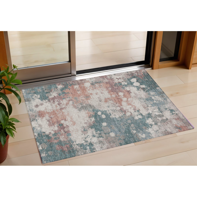 Tapis extérieur lavable abstrait corail et bleu sarcelle 3 pi x 5 pi