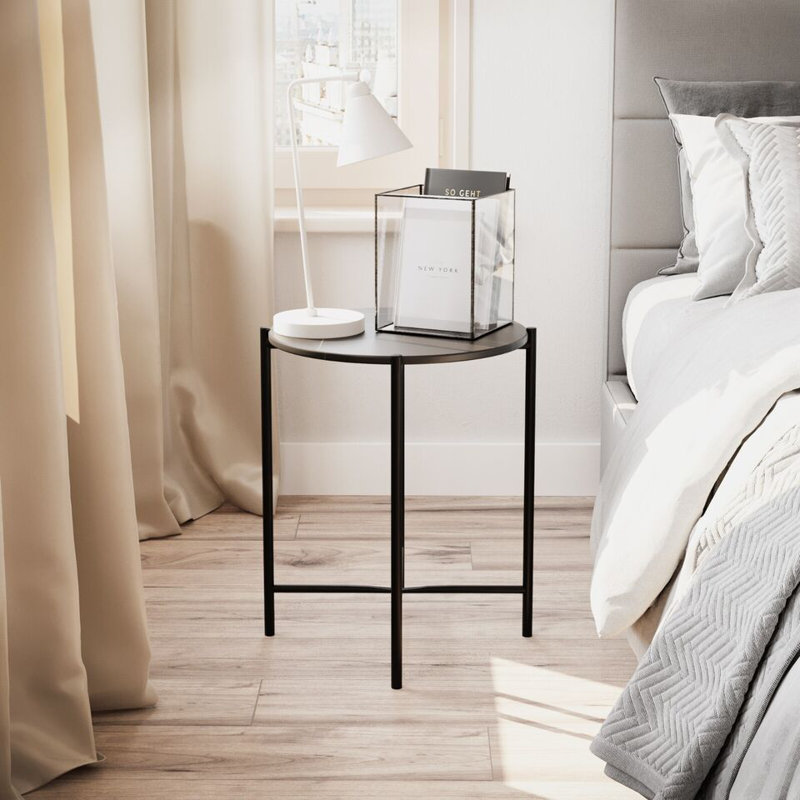 Set of 2 Pcs Marble Effect Tops Square Side End Coffee Table Metal Frame, Black