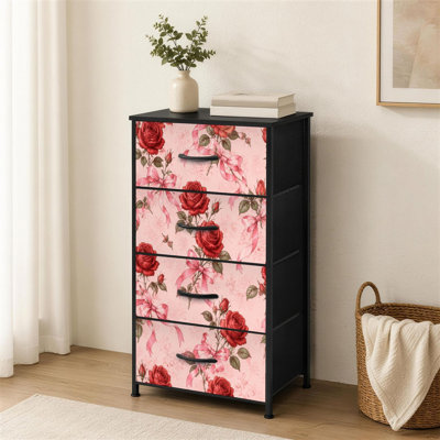 Commode à 4 tiroirs pour chambre à coucher avec roses rouges et rubans roses sans couture