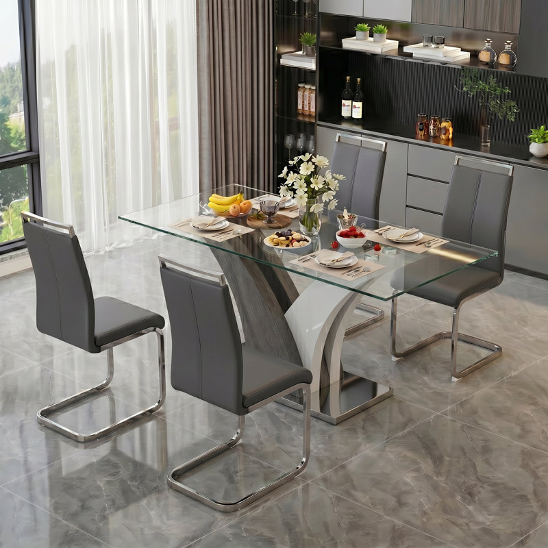 Ensemble de salle à manger 7 pièces 63 po, 5 Pieces: Table, 4 Chairs, Gris foncé