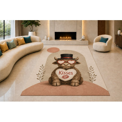 Tapis Highland Cow Kisses « Ultra Léger » de 200 cm x 300 cm, idéal pour le salon, la chambre à coucher et le bureau. Moquette douce à poils courts avec envers antidérapant en silicone, brun et rose.