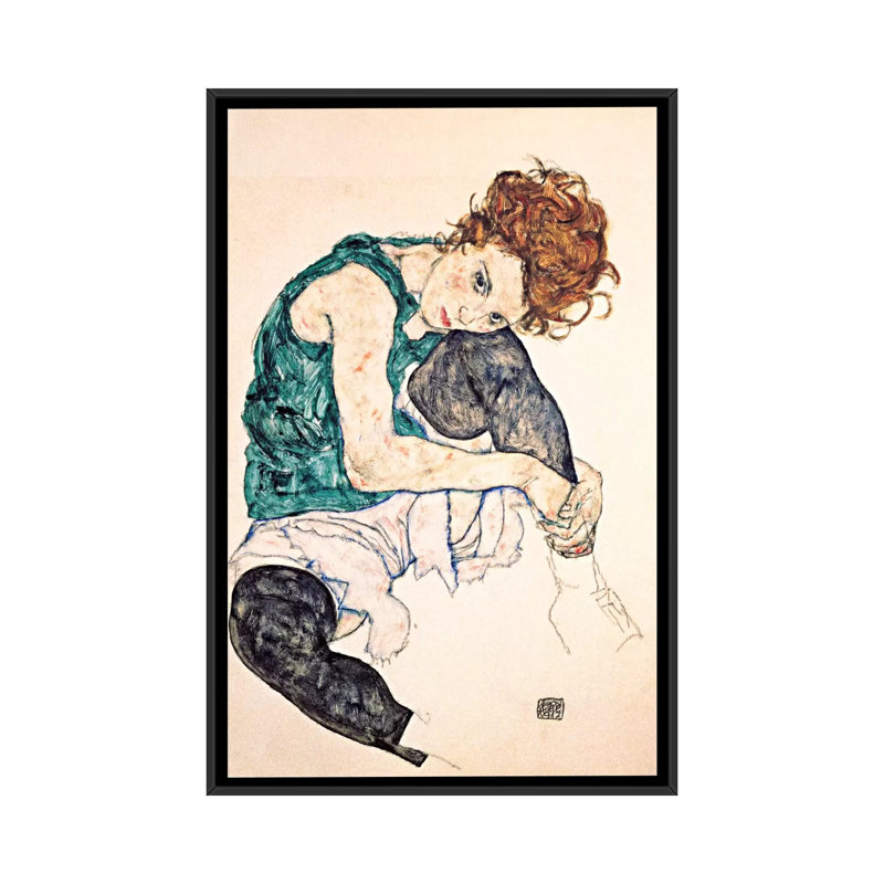 Egon Schiele Seated Woman with Bent Knee II Painting Print on Wrapped Canvas, Black Framed Canvas, 26" H x 18" W x 1.5" D
