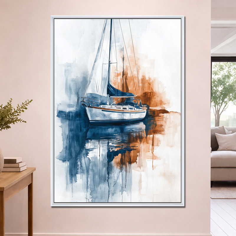 Reflet du port - Tableau encadré représentant un voilier, H 60 po x l 40 po, Cadre flottant blanc