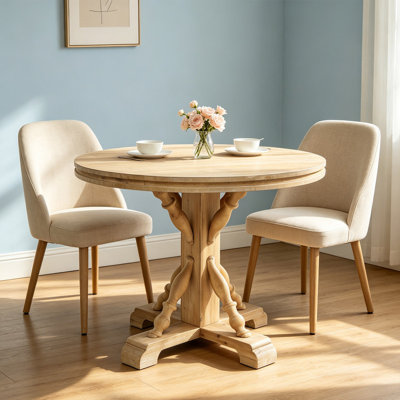 Table de salle à manger et de cuisine rustique ronde, 42 x 32 po, en bois naturel avec base balustre sculptée, style maison de campagne