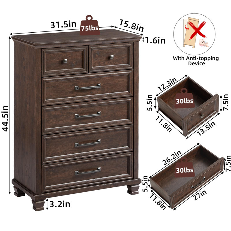 Farmhouse 6 Drawer Dresser for Bedroom, 45 Inch Tall Vintage Wood Chest of Drawers, Mid-Century Dressers w/Square Wooden Legs, Rustic Storage Organizer for Living Room, Hallway (Walnut)