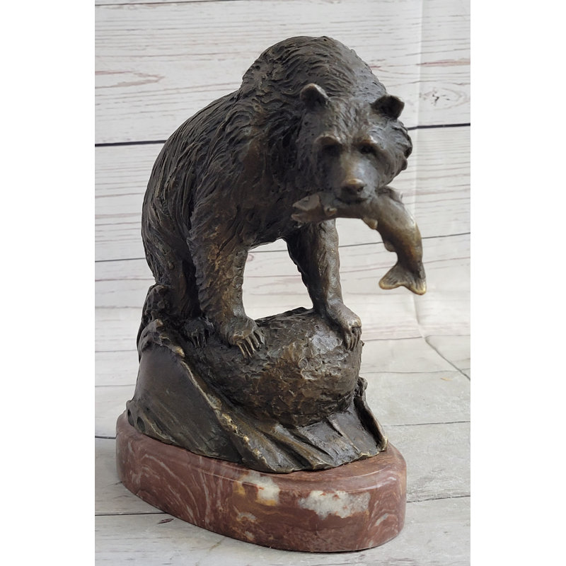 Bronze Bear with Fish Metal Sculpture on Marble Base