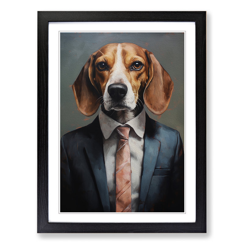 Beagle In A Suit Painting No.3 - Single Picture Frame Print on Wood, Black Framed, 46cm H x 34cm W x 2cm D