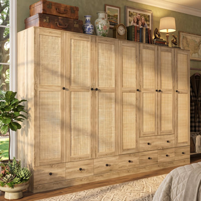 2-Piece Wardrobe Set with Rattan Doors, Hanging Rods, Shelves and Drawers, Large Bedroom Closet Storage System