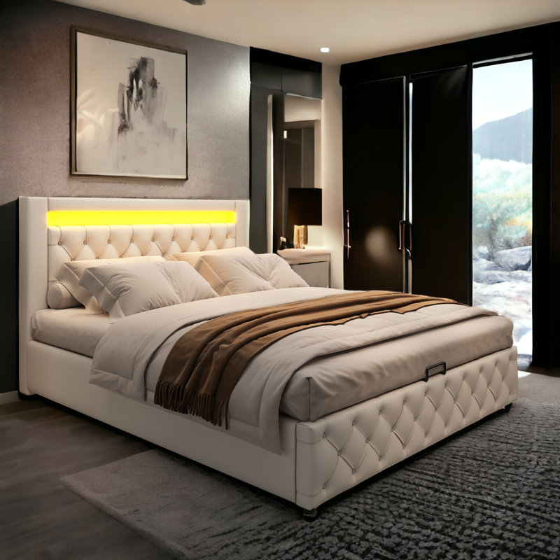 Breeyanna Upholstered Storage Bed, White, 160 x 220cm