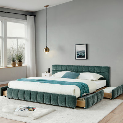 Très grande base de lit tapissier très grande bleue et rangement de tiroir pratique avec housse en chenille, espace de sommeil confortable