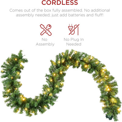 9Ft Pre-Lit Holiday Pre-Decorated Christmas Garland Corded Decoration W/PVC Tips, 50 LED Lights, Pine Cones, Berries