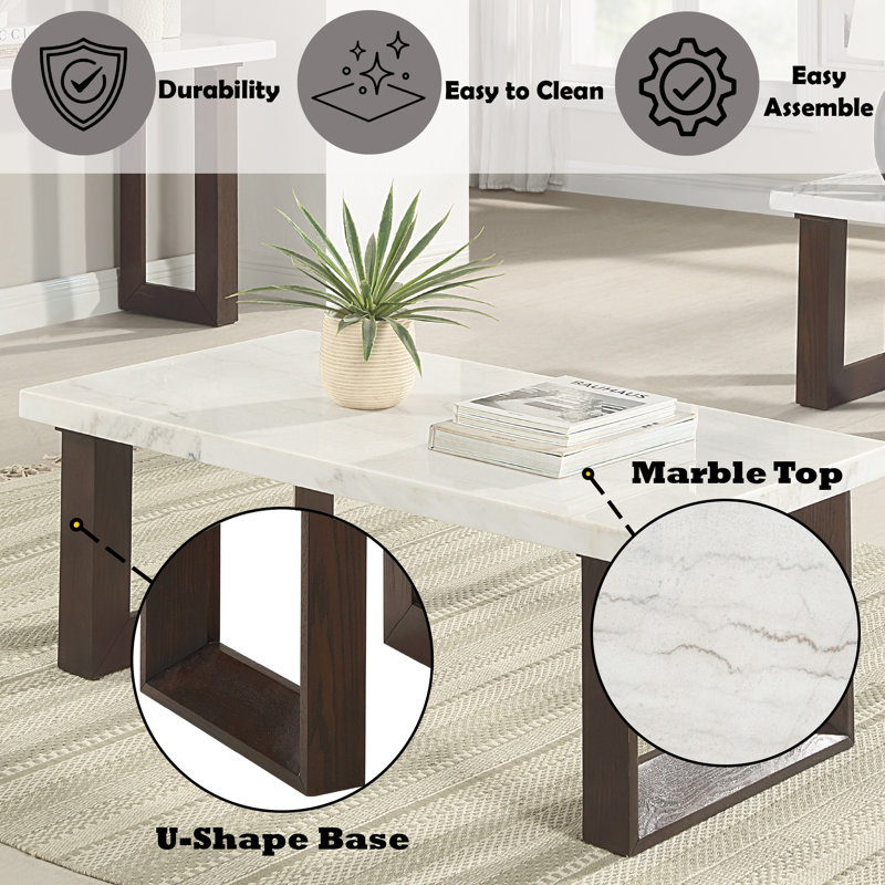 Edwyn 48'' White Marble Top and Brown Wood Coffee Table