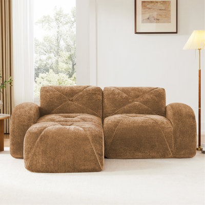 Canapé en L sans os, tissu de velours doux, conception capitonnée, éponge haute densité 32D, aucun assemblage requis, conception ergonomique du bas, conception antidérapante, repose-pieds mobile pour les chambres à coucher, chameau