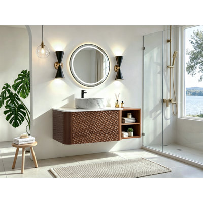 Ensemble de meuble-lavabo mural, lavabo de salle de bain flottant avec lavabo rond en céramique et armoire d'appoint, ensemble de meuble-lavabo texturé en nid d'abeille pour petit espace, peu encombrant