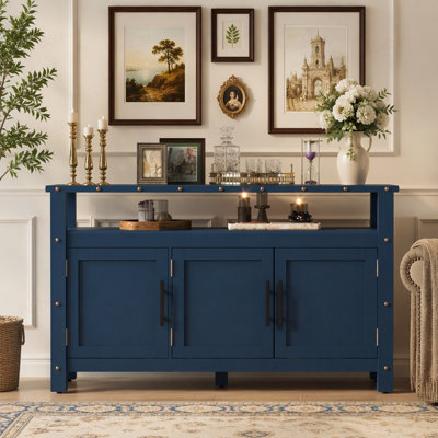 55.1''Pine Wood Buffet Cabinet With 3-door Storage, Sideboard Cabinet with Dual Storage areas,Coffee Bar With Metal Handles And Exposed Metal Rivets
