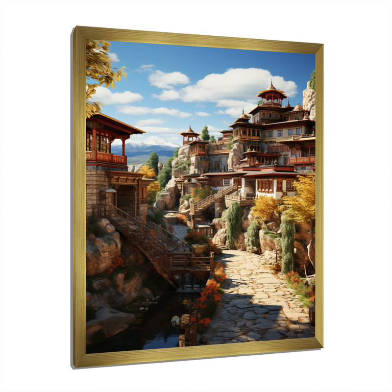Art asiatique, monastère tibétain IV sur toile, H 20 po x l 12 po x P 1 po, Encadrement doré