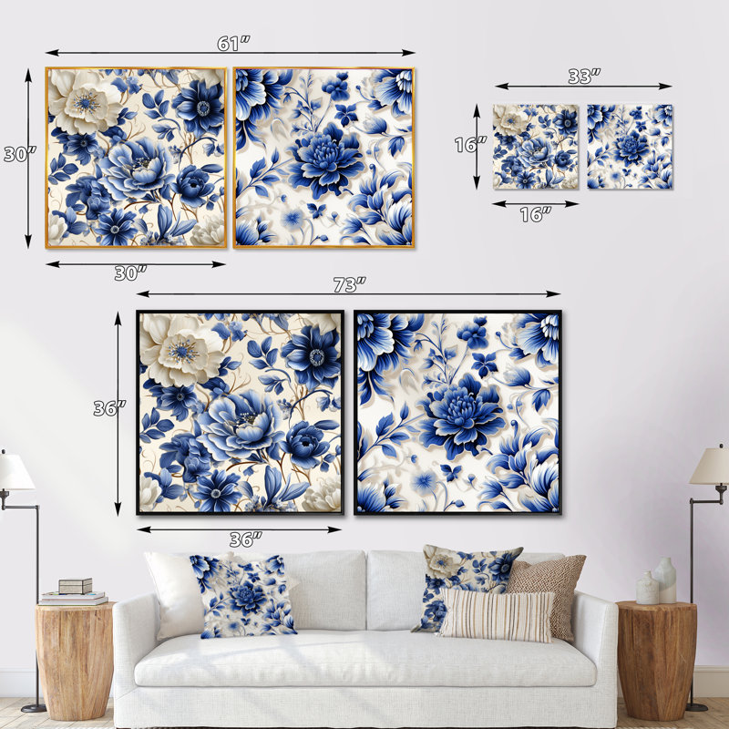 Motif néo-victorien à motif cobalt victorien II - ensemble de collage carré floral de 2, H 16 po x l 33 po