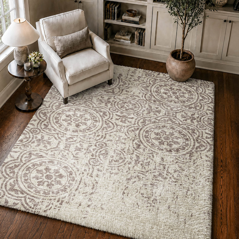 Tapis Dream Shag ADS758 à médaillons, lavable à la machine, de qualité supérieure, Taupe, 9' x 12'