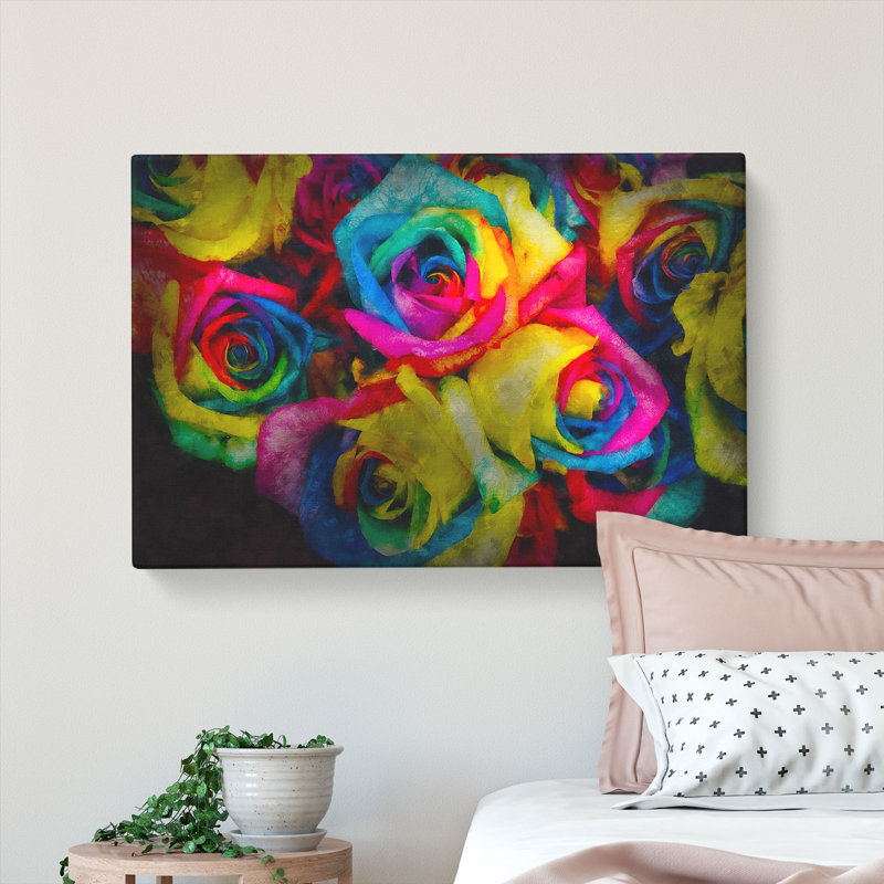 Multi-Coloured Rainbow Roses - Wrapped Canvas, 40cm H x 60cm W x 3cm D