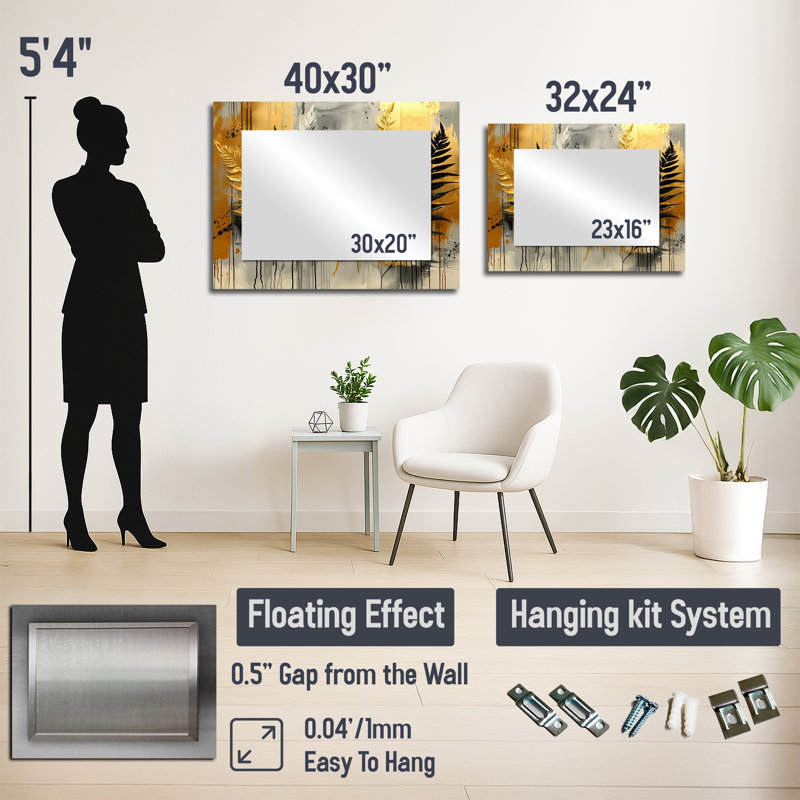 Minimalisme fougères Golden Spring Symphony II - décoration murale miroir floral - imprimé sur métal, 30 po x 40 po