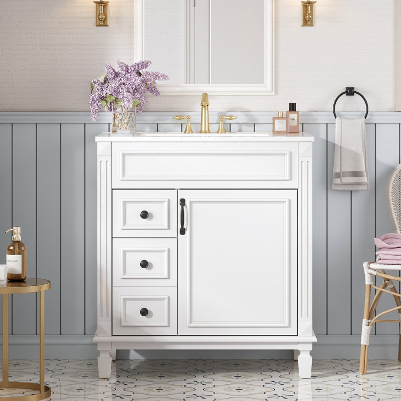 Meuble-lavabo de 30 po de style français avec lavabo en céramique, glissières à fonctionnement silencieux et tablette réglable - lavabo de 30 po, tiroirs à déplacement en douceur,