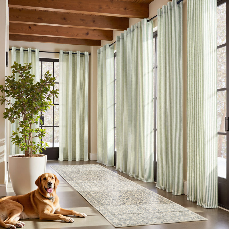 Grommet Linen Semi-Sheer Striped Curtains, Sage, 50" W x 84" L