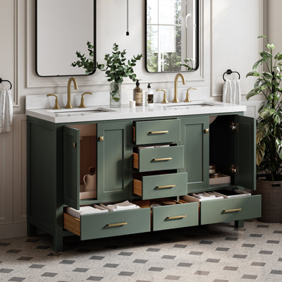 Meuble-lavabo double 61 po avec plateau en quartz blanc Oecusse
