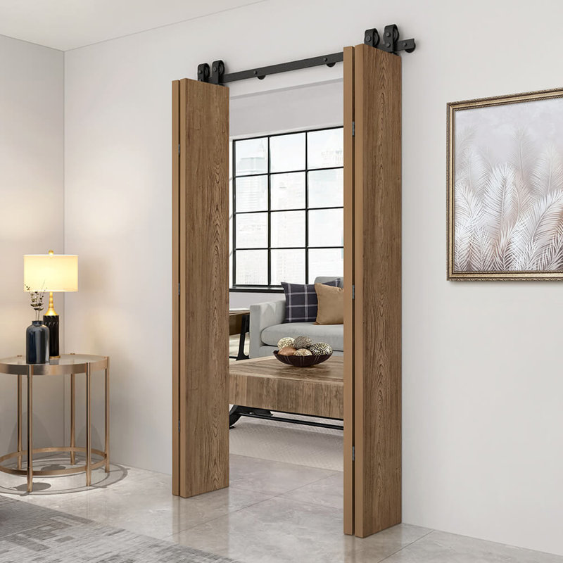 Hollow Core Walnut Composite Texture Double Bi-Fold Door with Sliding Barn Door Hardware Kit, 68" x 92", 2