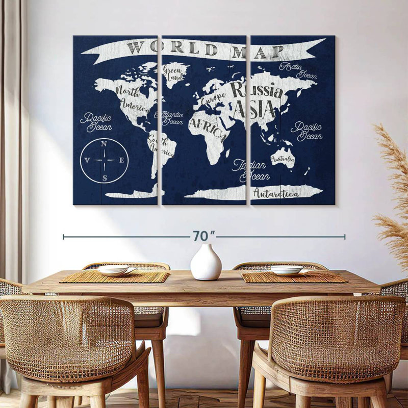 Aliaz Nautical Navy World Map, 42" H x 65" W