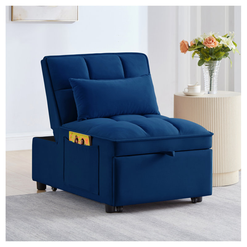  4-in-1 Multi-Function Navy Sofa Bed, Tufted Pull-Out Sleeper with Adjustable Backrest, Storage Pockets, and Convertible Chaise Lounge