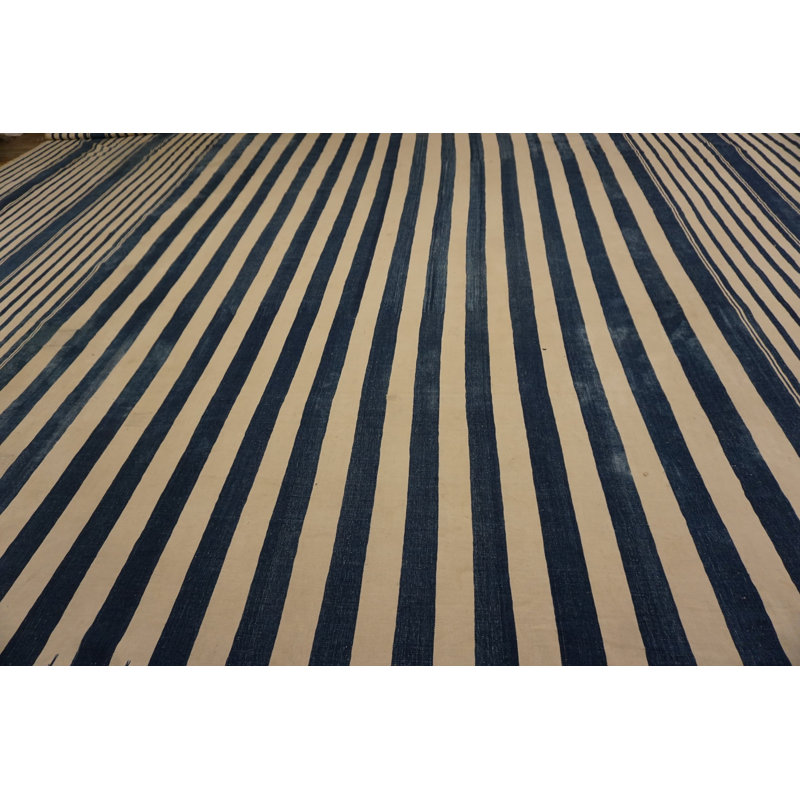 Antique Oversized Square Shape While and Blue Striped Flatweave Indian Cotton Dhurrie Carpet