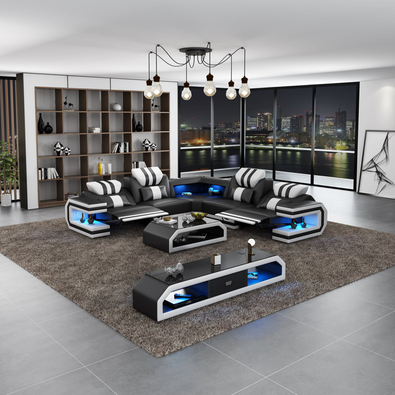 Lightsaber Sectional, Black/White Genuine Leather