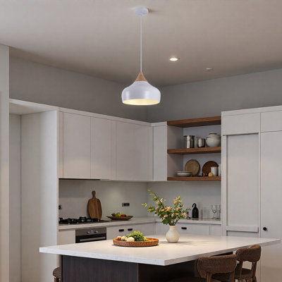 Lustre naturel moderne de 12,5 po avec accents en bois massif et auvent de plafond blanc, certifié cULus pour la salle à manger ou le couloir
