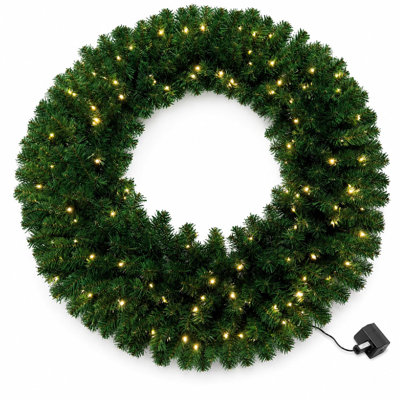 47" Pre-Lit Christmas Wreath with Warm White LED Lights, Full PVC Greenery for Front Door, Double Door, Porch and Holiday Decor