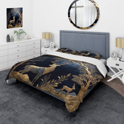 Golden Deer In Forest II - Forest Duvet Cover Set - Microfiber Polyester