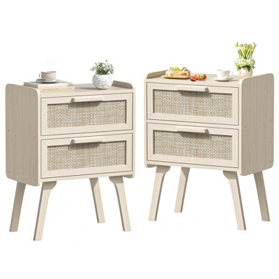Ensemble de 2 tables de chevet en rotin, 2 tables de chevet en bois avec tiroirs et pieds fuselés, tables de bout avec rangement Boho pour chambre à coucher, dortoir et petits espaces