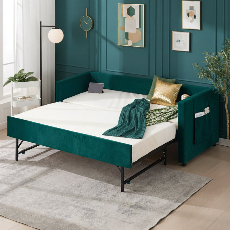   84" Wide Upholstered Daybed with Twin Trundle - V-Grained Velvet Sofa Bed with USB Charging and Storage Pockets, Green